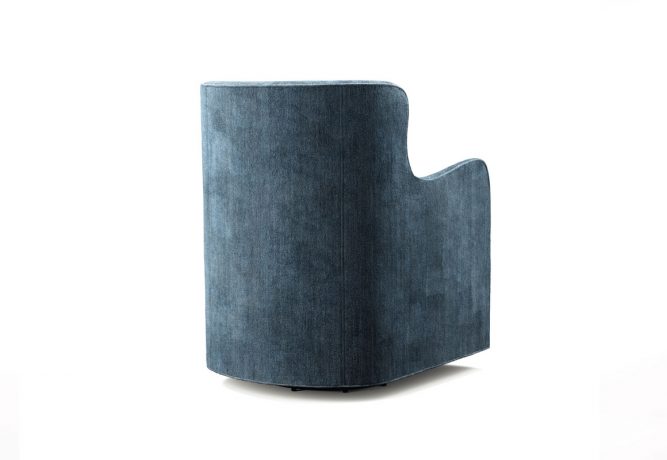 back view of a sleek, modern dark blue velvet swivel glider chair