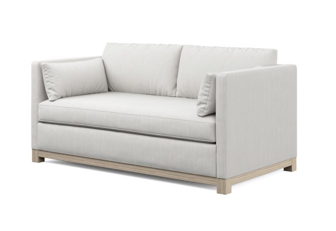 white modern loveseat with oak wood base side view