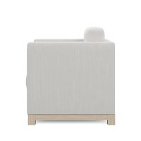 side view of grey modern chair with oak wood base