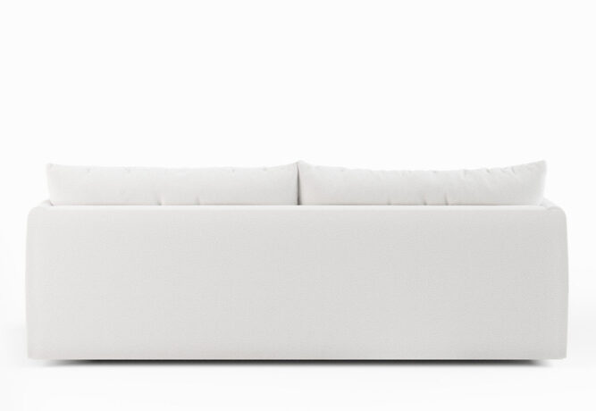 white boucle channel tufted sofa back view