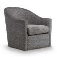 Angled side view of a charcoal contemporary swivel chair with banded bottom