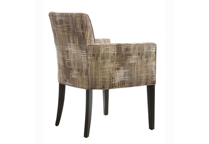 Rear view of the contemporary side chair featuring a beautiful gold patterned fabric and espresso wood finish