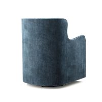 back view of a sleek, modern dark blue velvet swivel glider chair