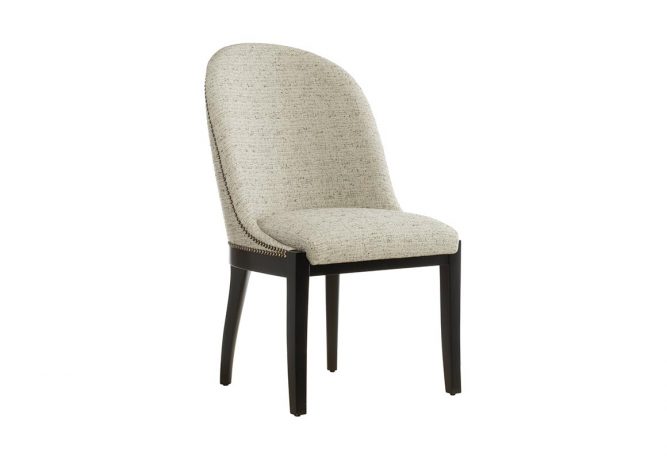 Beautiful contemporary accent chair that features a beige fabric with espresso wood finish and contrasting nail head trim
