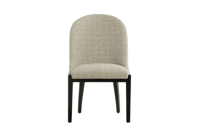 Beautiful transitional dining room chair featuring Crypton cream fabric, curved back, metal nail head trim, and beautiful espresso wood finish