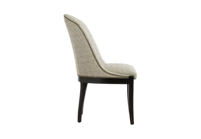 The 11200 transitional dining chair feating metal nail head trim, curved back, and espresso wood finish on the handcrafted wooden legs