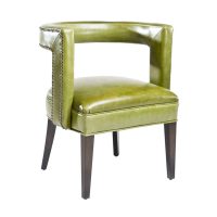 Beautiful transitional accent chair featuring green leather and brown espresso finish.