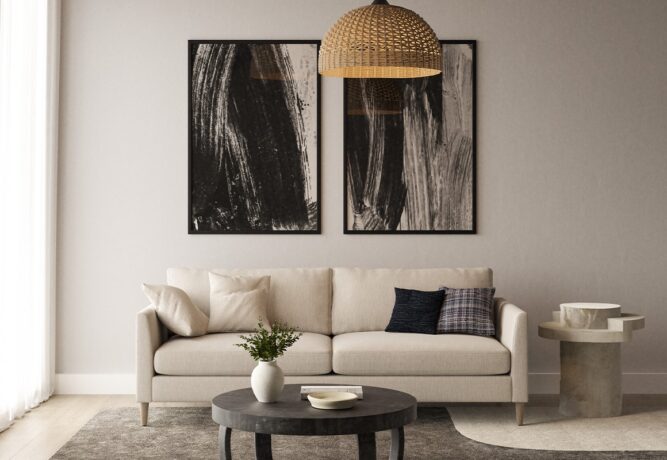 Tribeca mid century modern condo sofa in living room