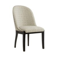 Beautiful contemporary accent chair that features a beige fabric with espresso wood finish and contrasting nail head trim