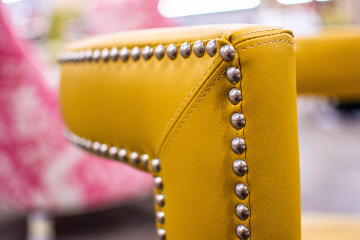 custom built vogel furniture yellow leather chair with nail head trim