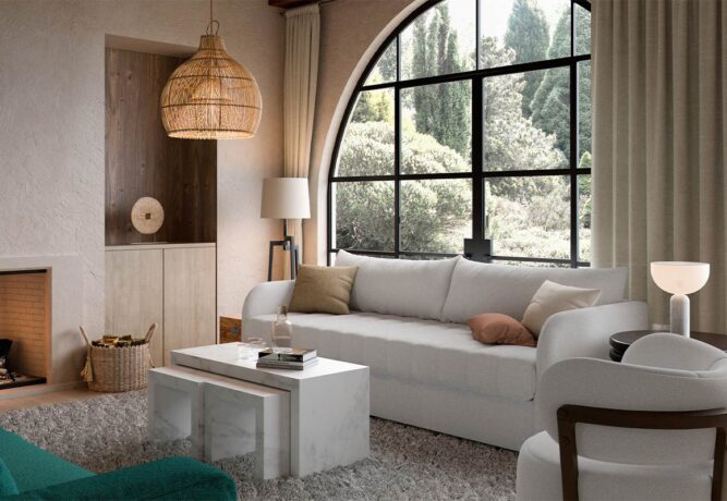 valentino modern channel tufted sofa in a living room with a fireplace