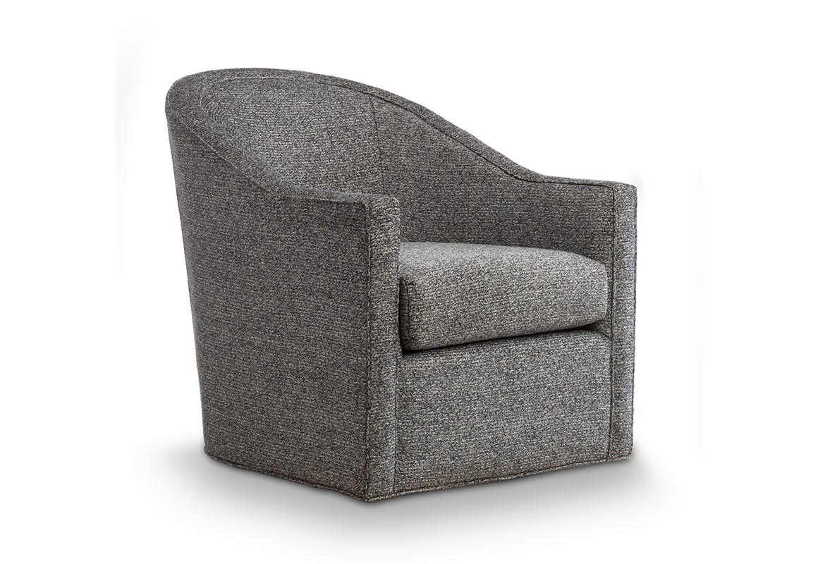 Angled side view of a charcoal contemporary swivel chair with banded bottom