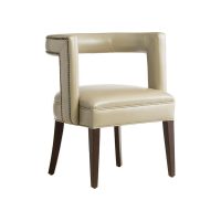The 11182 transitional Accent Chair featuring a beige leather with nail head trim, espresso wood finish and flared legs and is manufactured in Toronto