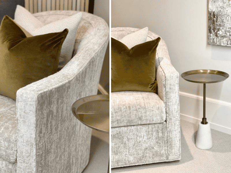 Shiny and luxury white velvet Pierre swivel tub chairs with glamorous throw pillows.