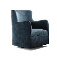 A side view of a sleek, modern dark blue velvet swivel glider chair