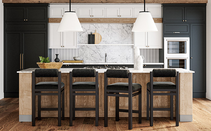 Four black Marlowe counter stools in modern kitchen.