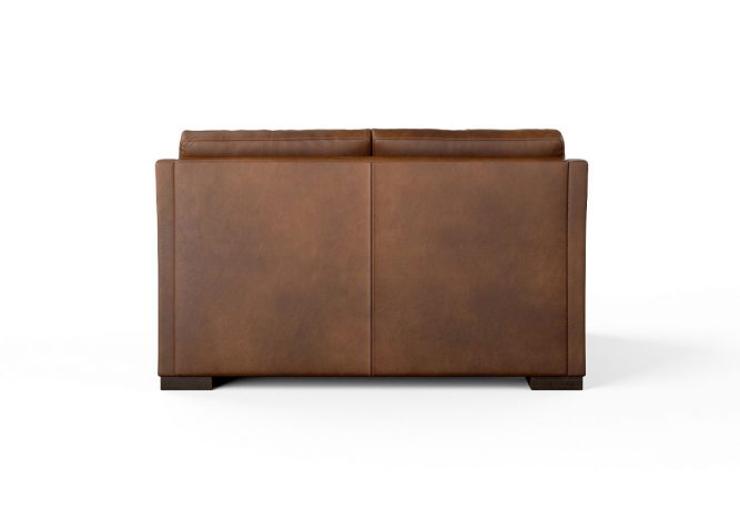back view of brown leather loveseat
