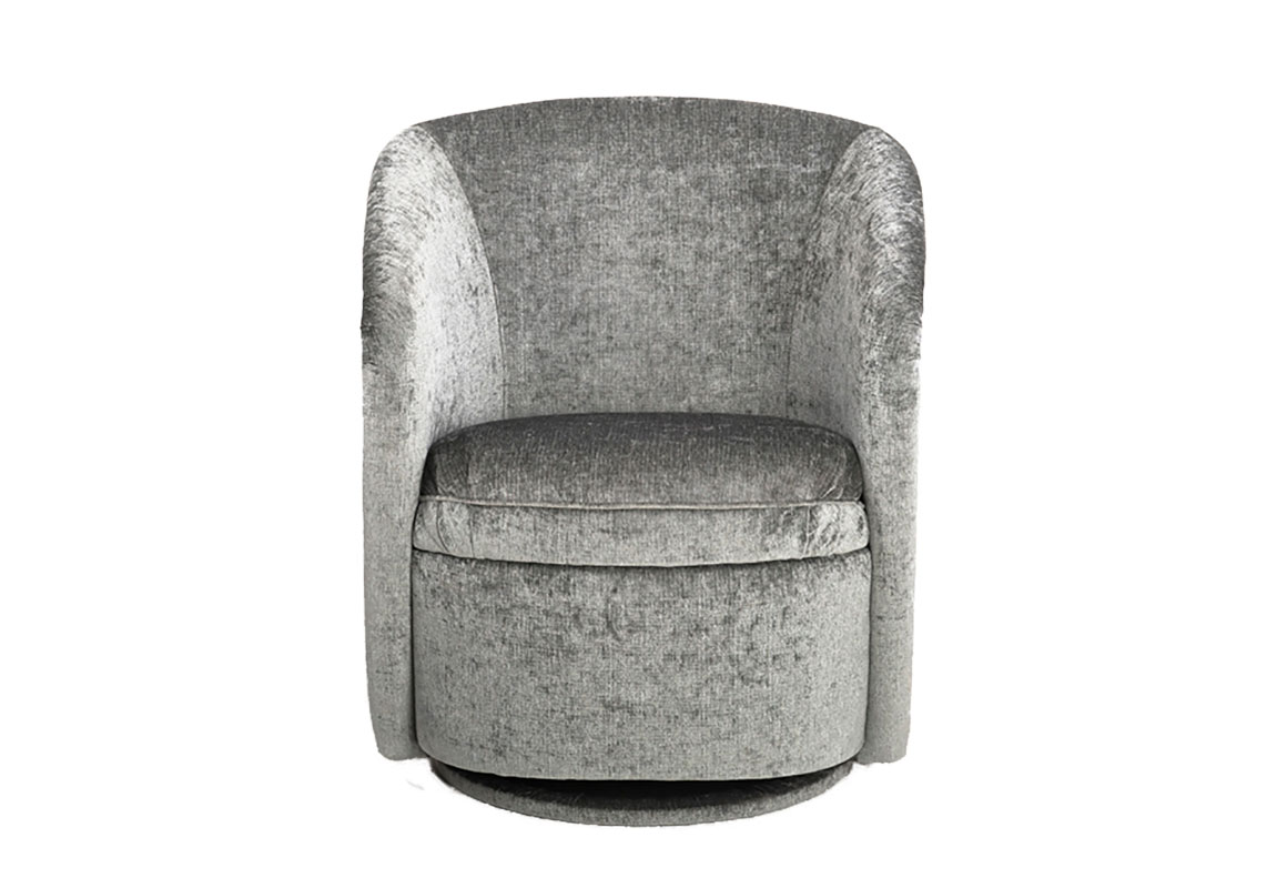 A front facing view of a sleek swivel chair with rounded arms in silver velvet fabric