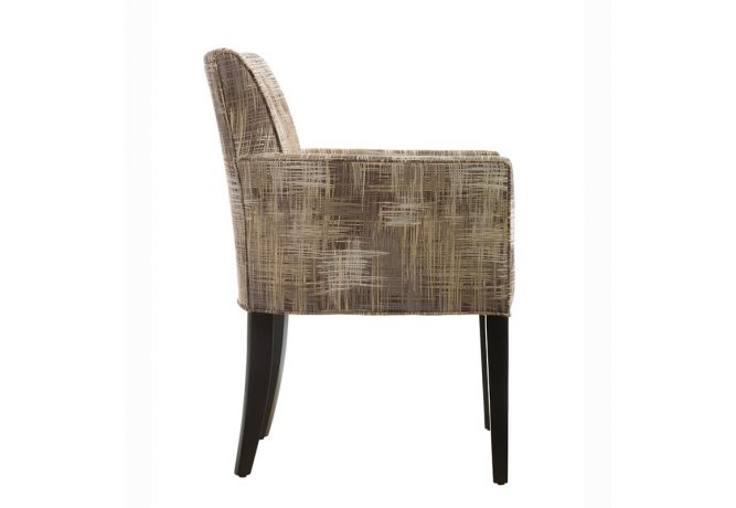 Side view of the beautiful 11240 contemporary side chair featuring espresso wood finish on the legs and a beautiful gold pattenred fabric on the back.