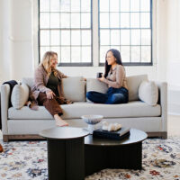 friends chatting on a custom canadian made modern sofa
