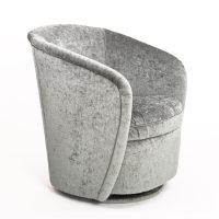 An angled side view of a sleek swivel chair with rounded arms in silver velvet fabric