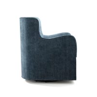 A side view of a sleek, dark navy blue velvet swivel glider chair