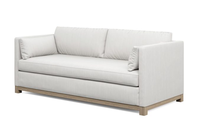 whtie modern condo sofa with grey oak wood stained base side view