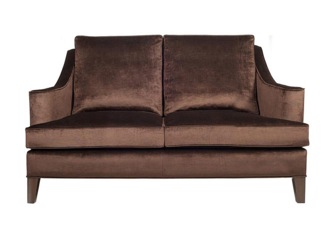 brown velvet traditional sofa with curved arms