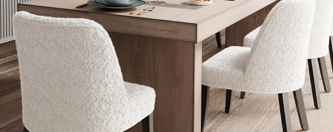transitional dining chairs around wood table