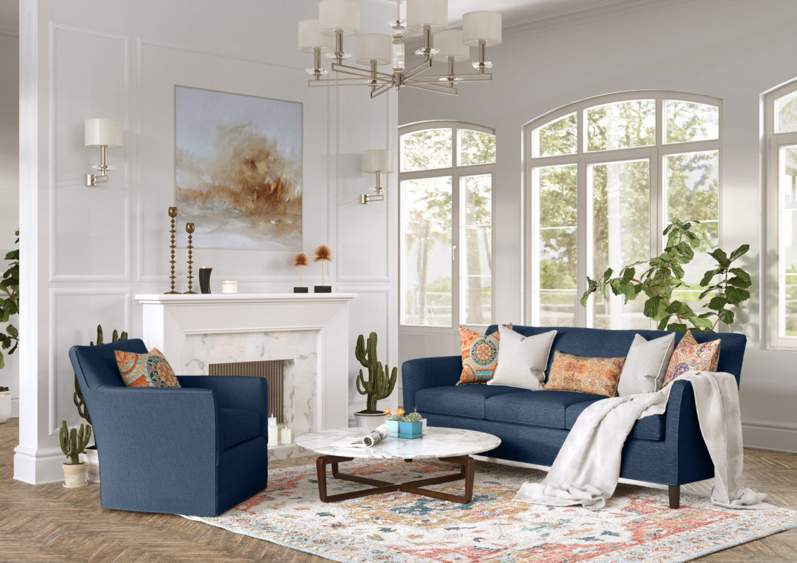 Living room with blue Vogel Clarissa sofa and swivel chair