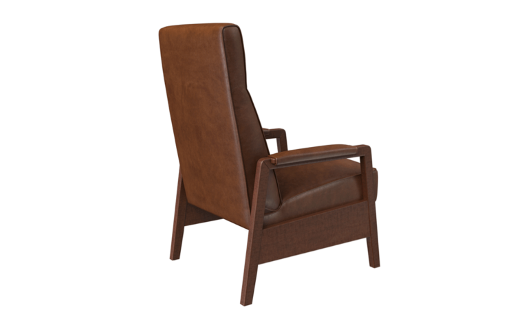 brown leather recliner with walnut wood arms back view
