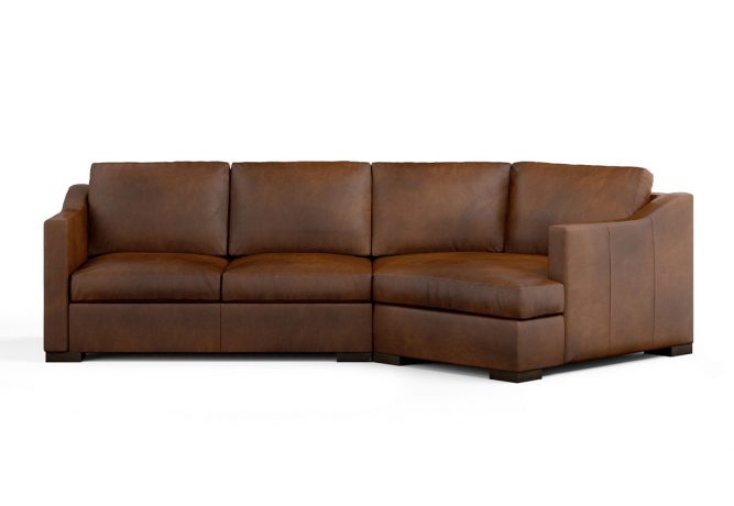 Modern brown leather sectional with cuddler made in Toronto by Vogel.