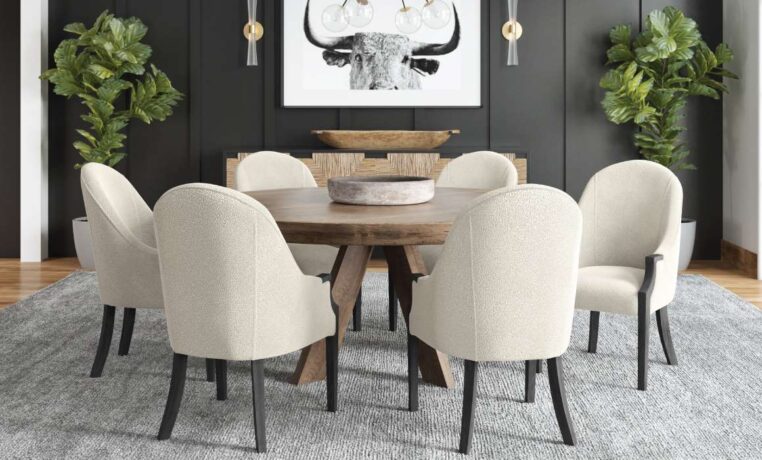 black and white dining room with white dining room chairs
