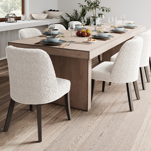 custom dining chairs in boucle fabric