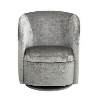 A front facing view of a sleek swivel chair with rounded arms in silver velvet fabric