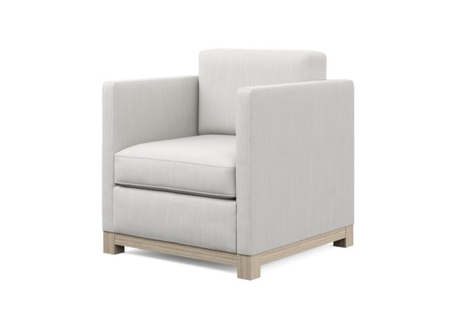 grey modern chair with oak wood base side view