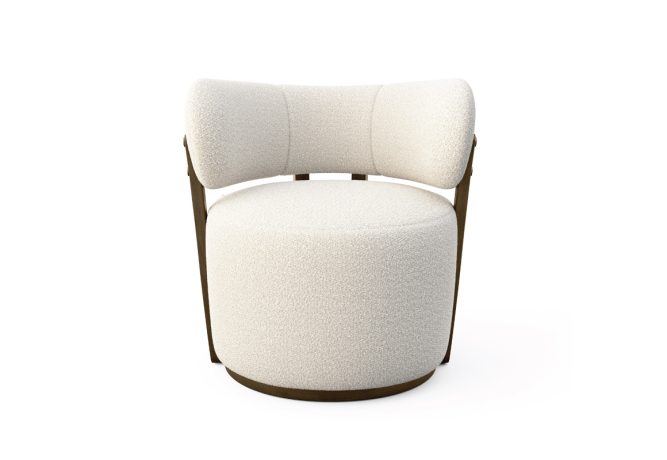 modern swivel tub chair with exposed wood frame