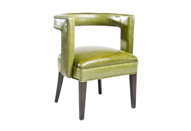Beautiful transitional accent chair featuring green leather and brown espresso finish.