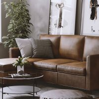 Brown leather sectional with chaise in living room