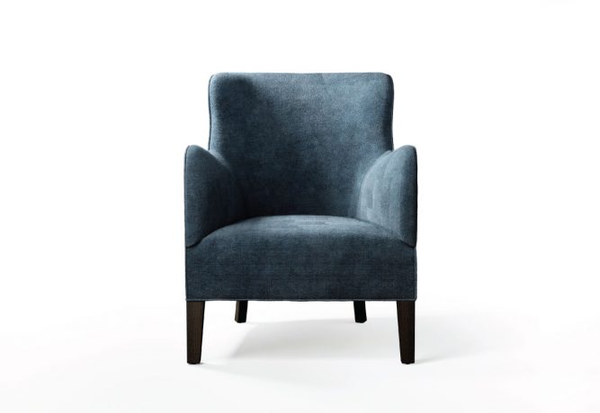 staionary chair in blue velvet with curved arms