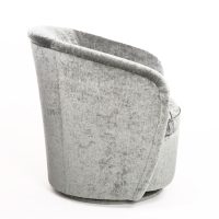 A side view of a sleek swivel chair with rounded arms in silver velvet fabric