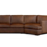 Modern brown leather sectional with cuddler made in Toronto by Vogel.