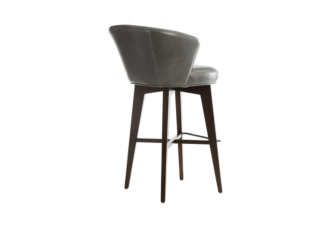 Backside view of memory swivel contemporary bar stool in grey by Vogel.