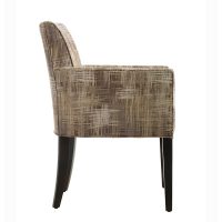 Side view of the beautiful 11240 contemporary side chair featuring espresso wood finish on the legs and a beautiful gold pattenred fabric on the back.