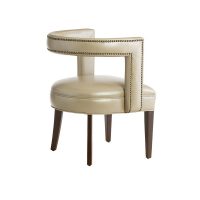 Rear view of a beige leather contemporary accent chair featuring nailhead trims, flared legs, and espresso wood finish