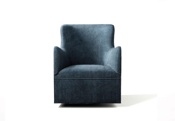 Front facing view of a sleek, modern dark blue velvet swivel glider chair