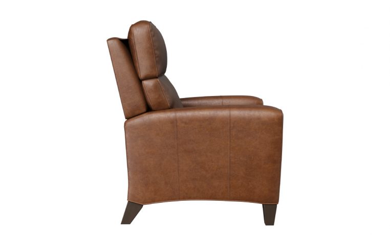 brown leather deluxe recliner with stained legs side veiw