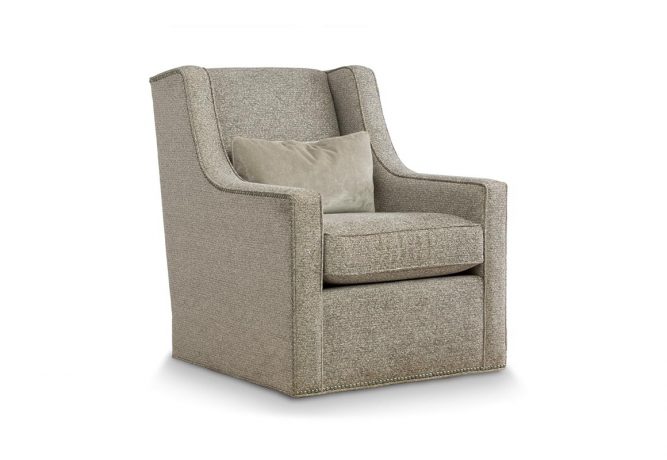 grey modern swivel chair featuring nail head trim