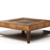 Angled shot of the traditional-style Kingston Ottoman made by Vogel in light brown leather with a wooden shelf and wood accents