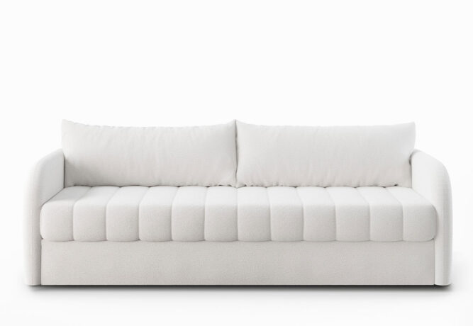 white boucle channel tufted sofa front view